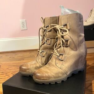 Sorel Women’s Lace-Up Joan of Arctic Wedge Boot in Tan